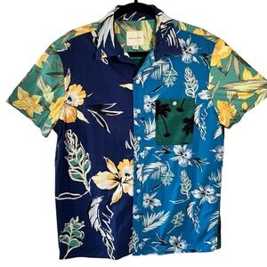 Y2K American Eagle Mens M Floral Palm Tree Colorblock‎ Short Sleeve Button Shirt